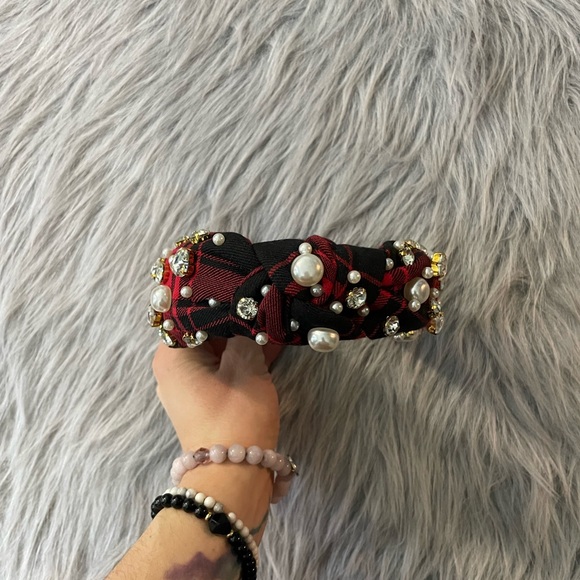 Red Plaid Headband with Pearls and Gems - Picture 2 of 9